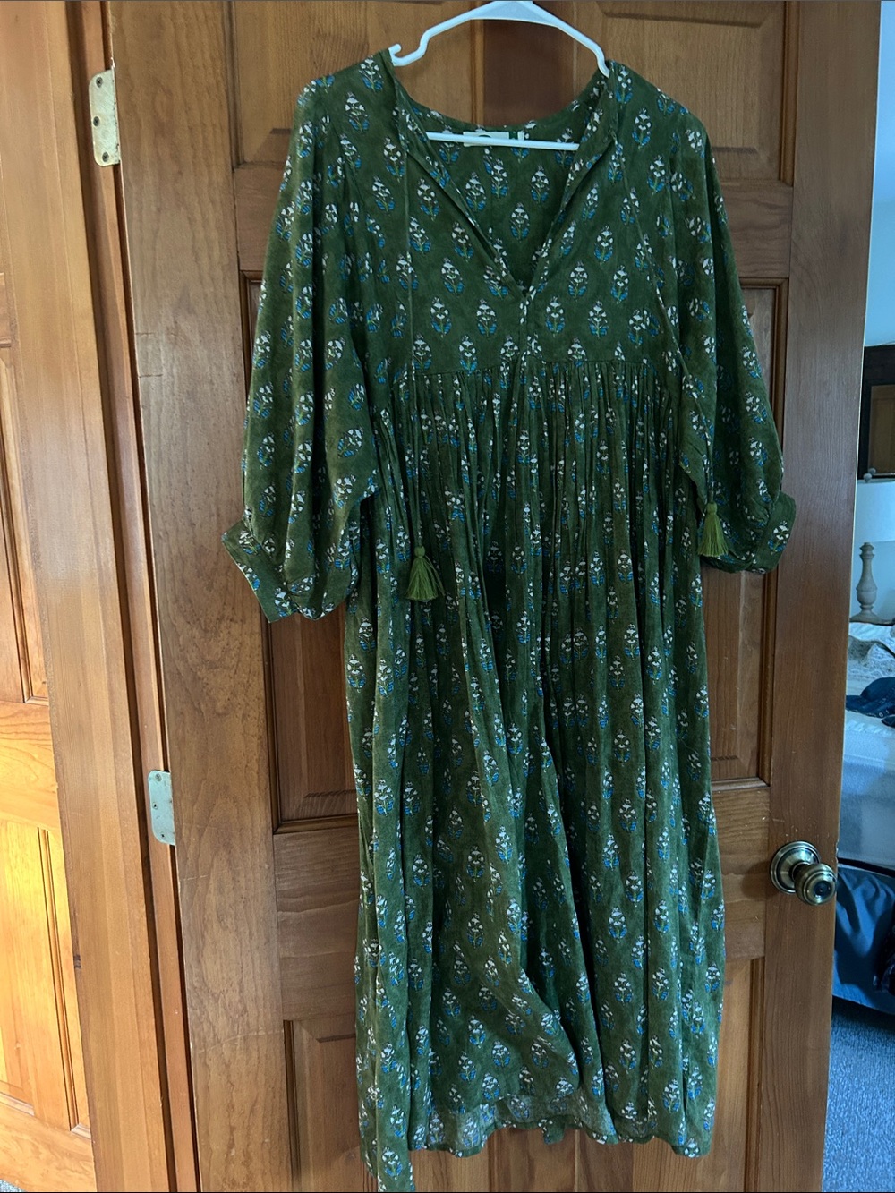 Dolma Women's Olive Green Floral Midi Dress with Tassel Tie